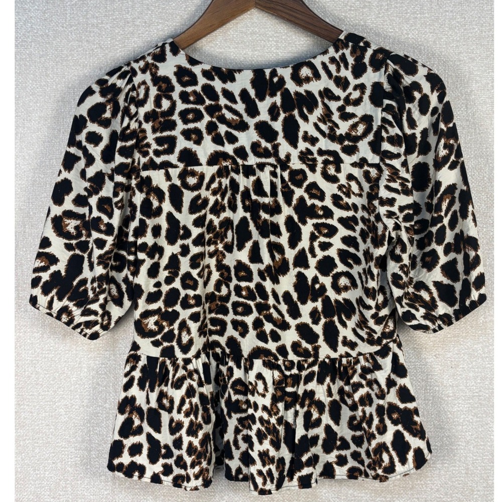 Monteau Leopard Print Front Ties Peplum Blouse Brown Black Small - Picture 3 of 7